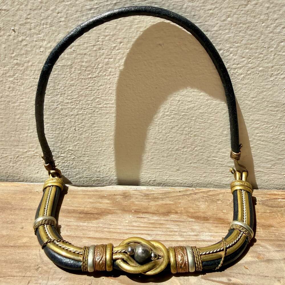Vintage Alexis Kirk Mixed Metal Black Leather Choker Necklace Brass Copper